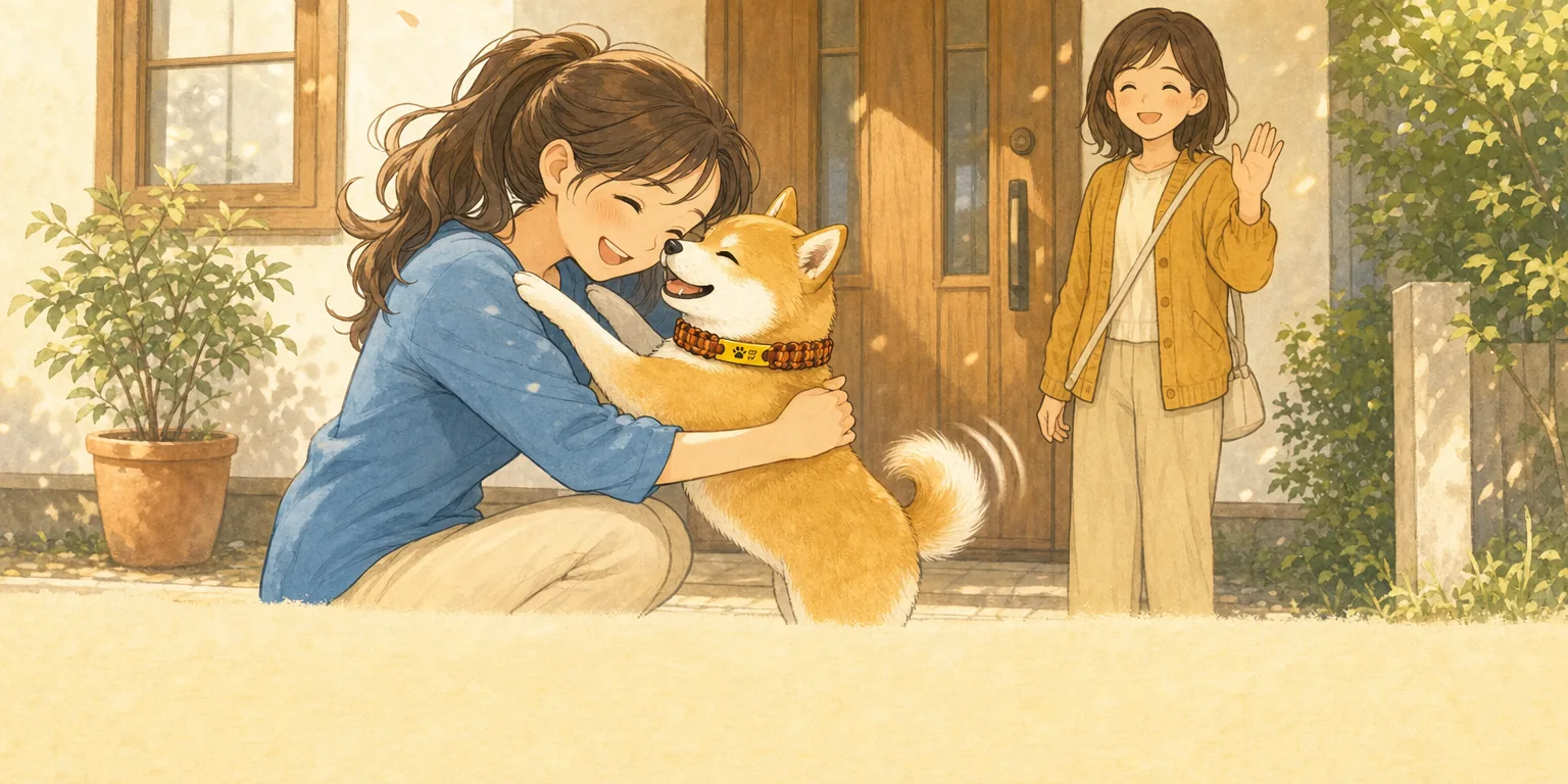 飼い主と再会して抱き上げられた犬